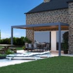 Pinela Deluxe Wall Mounted Pergola in Anthracite grey with outdoor furniture