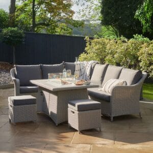 Antigua Stone Grey Outdoor Corner Seating Set with Ceramic Top and Fire Pit - Image 6