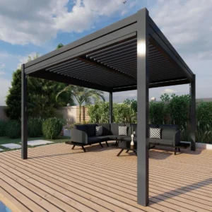 Como 4m x 4m Aluminium Metal Outdoor Garden Pergola on wooden decking