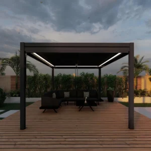 Como 4m x 4m Aluminium Metal Outdoor Garden Pergola on wooden decking in dim environment