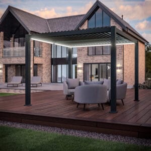 3m x 3m Freestanding Square Pergola by Como in evening setting showcasing LED lights