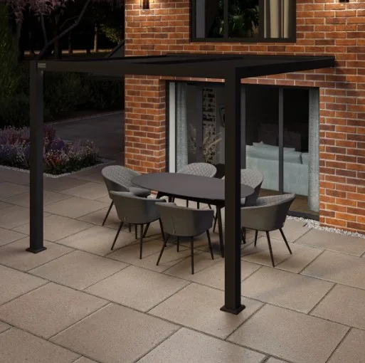 Wall Mounted Pergola – Frame Only by Como in evening setting showcasing the LED lights