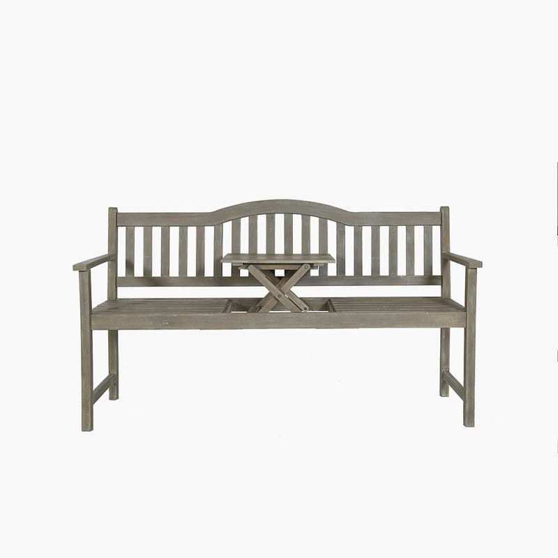 Grey outdoor bench with popup table